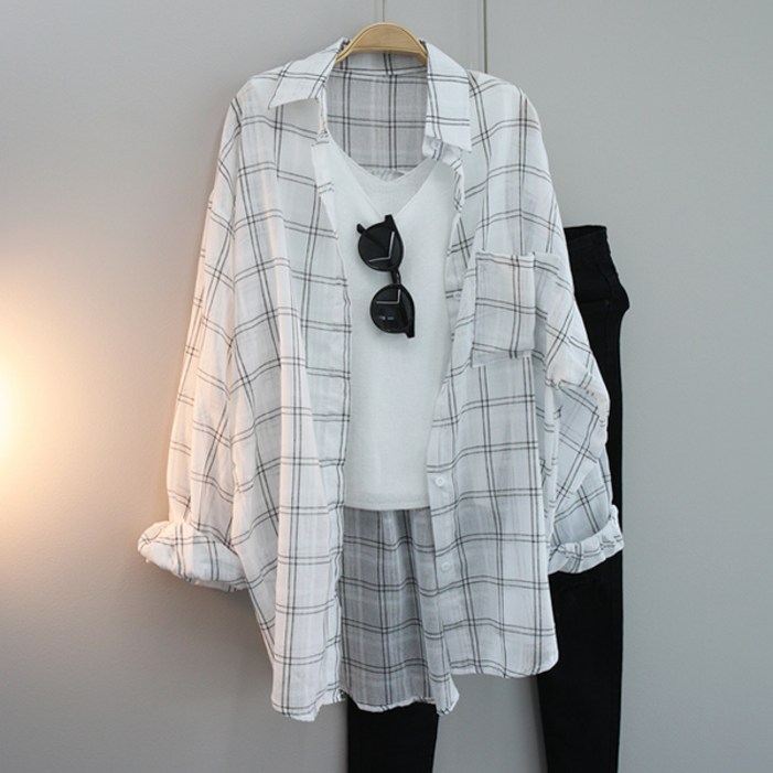 달콩 아사썸머체크롱셔츠 빅사이즈 오버핏 카라셔츠 남방 긴팔 체형커버 데일리룩 자외선차단 신상