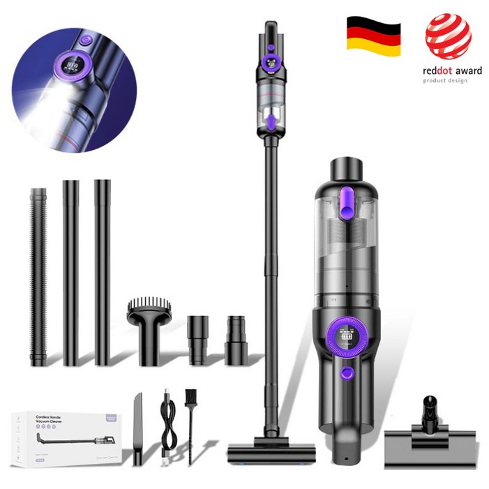 국내발송RichMagic 독일 16000pa브러시리스 더블 모터 강흡입력 디지털 디스플레이 LED 가정용 차량용 다용도 멀티 청소기, 흑자주색