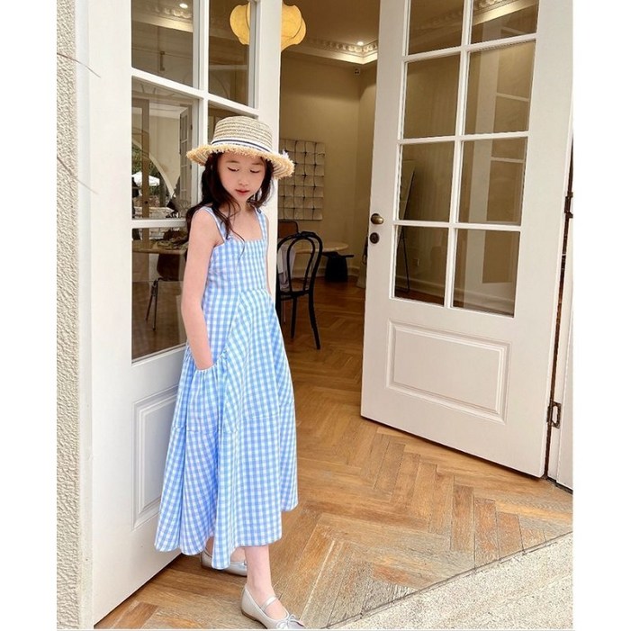 아이짱 초등학생 여아 여름 반팔 체크 나시 롱 원피스 바캉스룩