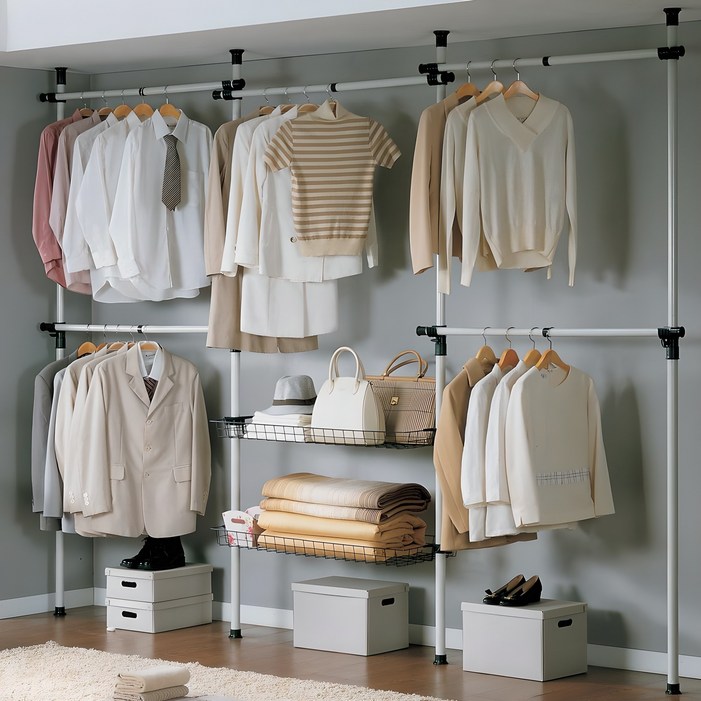 가화홈시스 기본형 5단 옷걸이 2단 수납바구니형 행거 N3LB4502