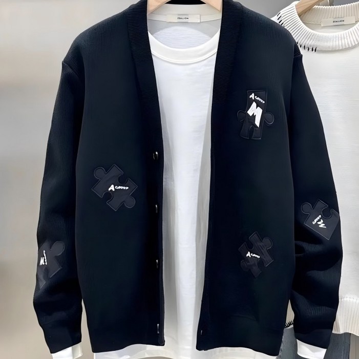 TIMEPURE 남성용 퍼즐 패턴 V넥 카디건 캐주얼하고 트렌디한 데일리 아우터 자카드 디자인과 세련된 컬러 배합의 가을 가디건 화이트 오버핏 가디건