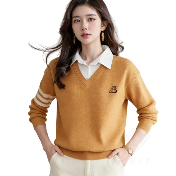 비아이와이 여성 봄가을 셔츠카라 니트 레이어드 스웨터 DH1244