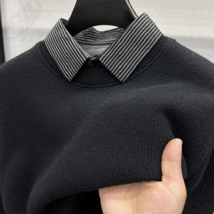 비아이와이 남성 가을 겨울 카라넥 긴팔 기모 니트 레이어드 맨투맨 B926