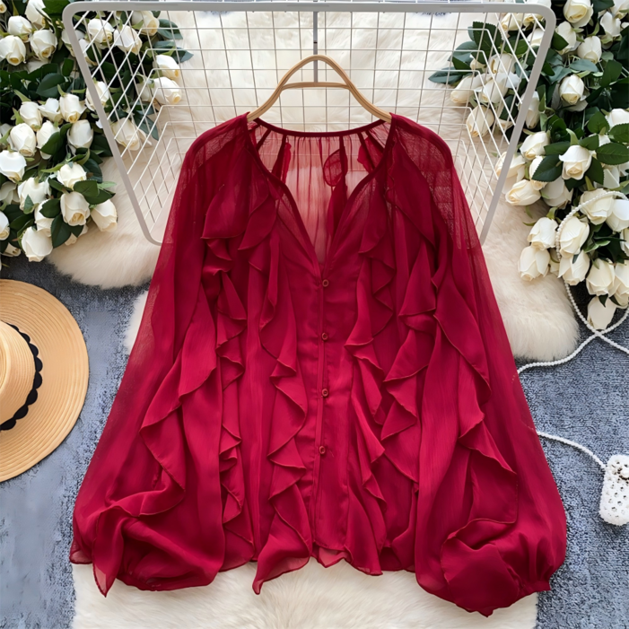 Vezri 여성 봄가을  멀티 레이어 프릴 쉬폰 블라우스 긴소매 상의 쉬폰 소재 F88