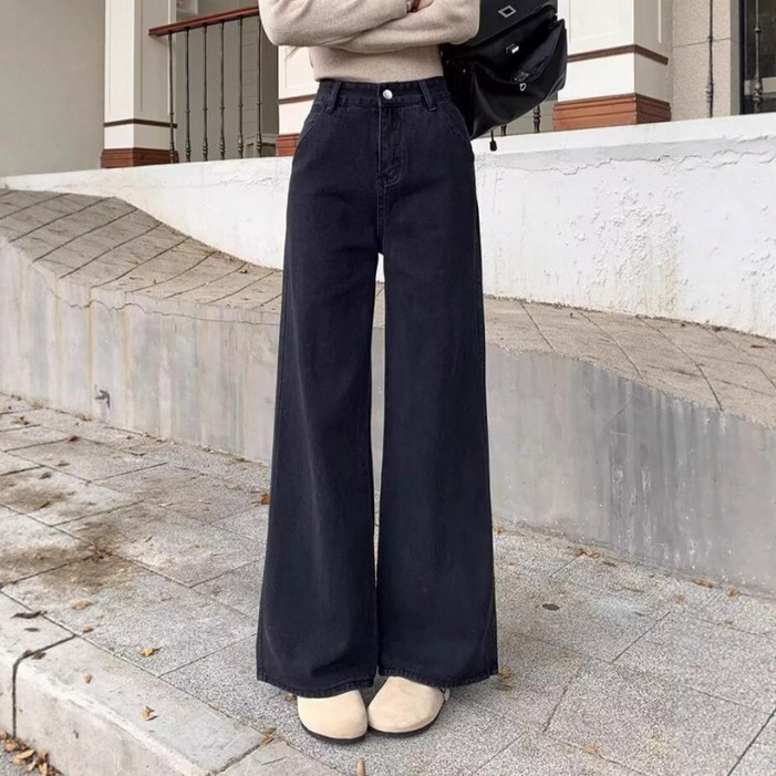 쁘띠꼬모 여성 캐주얼 세미포멀 하이웨이스트 부츠컷 와이드핏 블랙 데님팬츠 QXT5101534