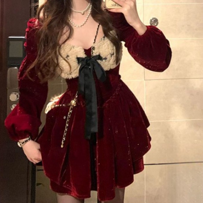 여성 가을 겨울 벨벳 퍼프소매 원피스 귀여운 리본 디자인cy