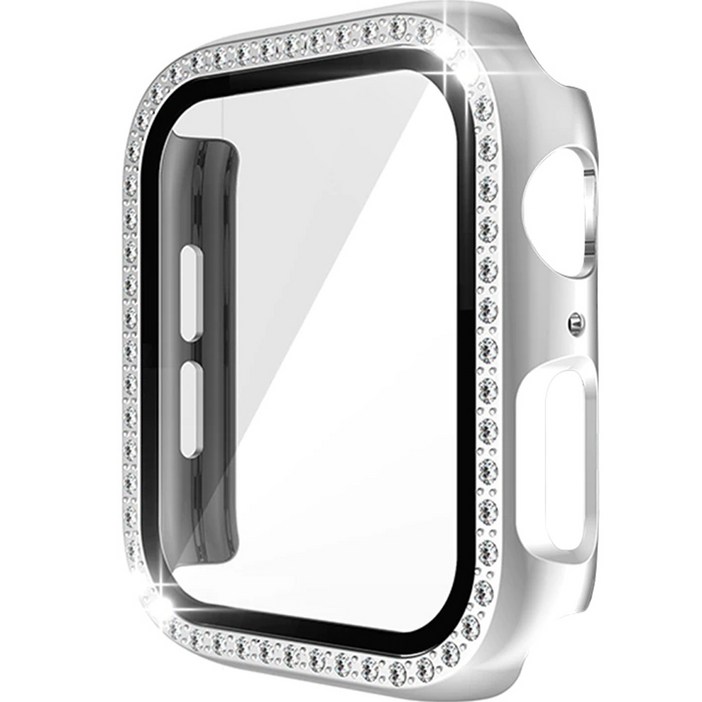 이츠라이프 애플워치 큐빅 풀커버 강화유리 스퀘어 케이스 45mm, 실버