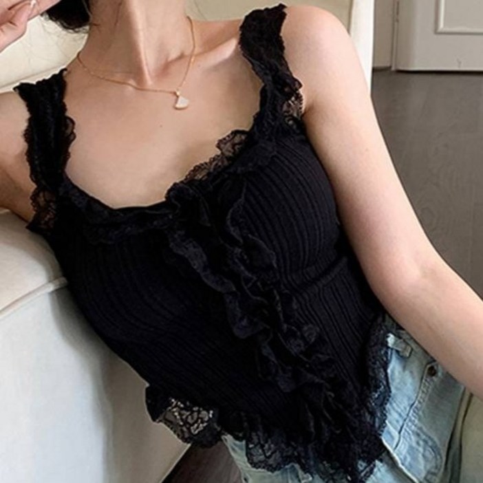 비비에모 여성용 로맨틱 레이스 프릴 립 나시 10332