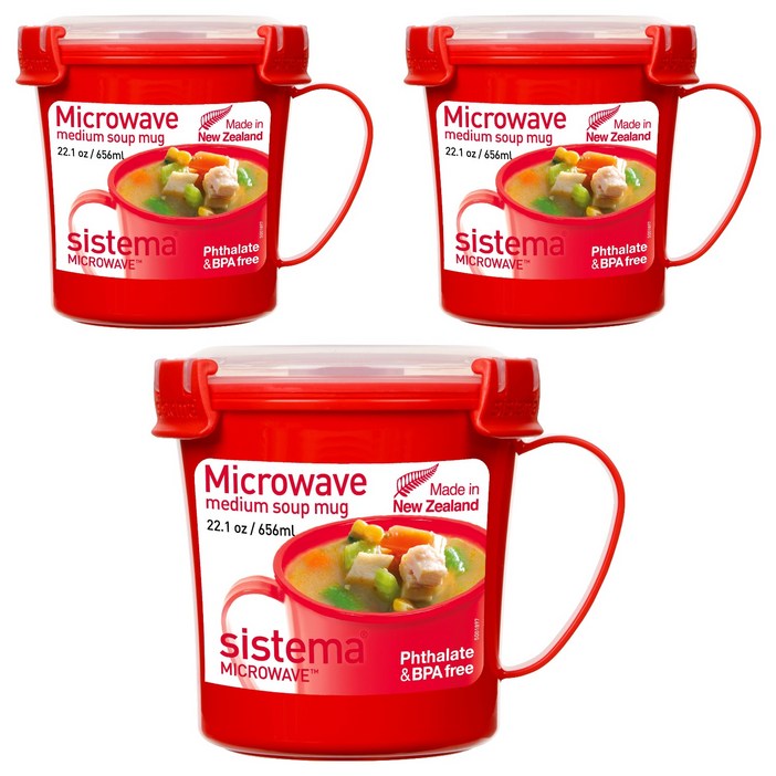 Sistema 전자레인지용 수프 핸들 머그 멀티 찜기 656ml 미디움, 레드, 3개