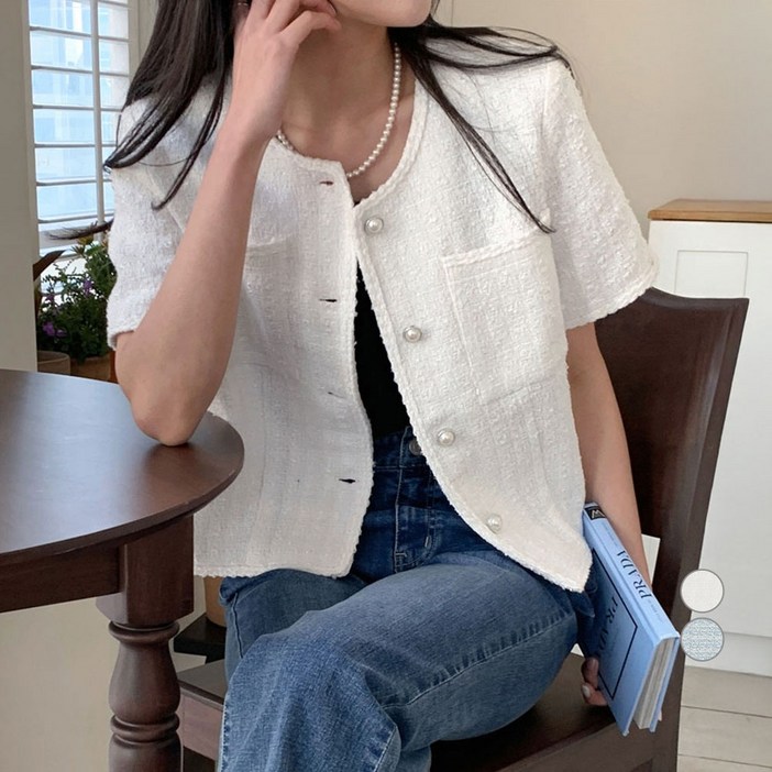 아피나르 여성용 세미크롭 반소매 트위드 자켓