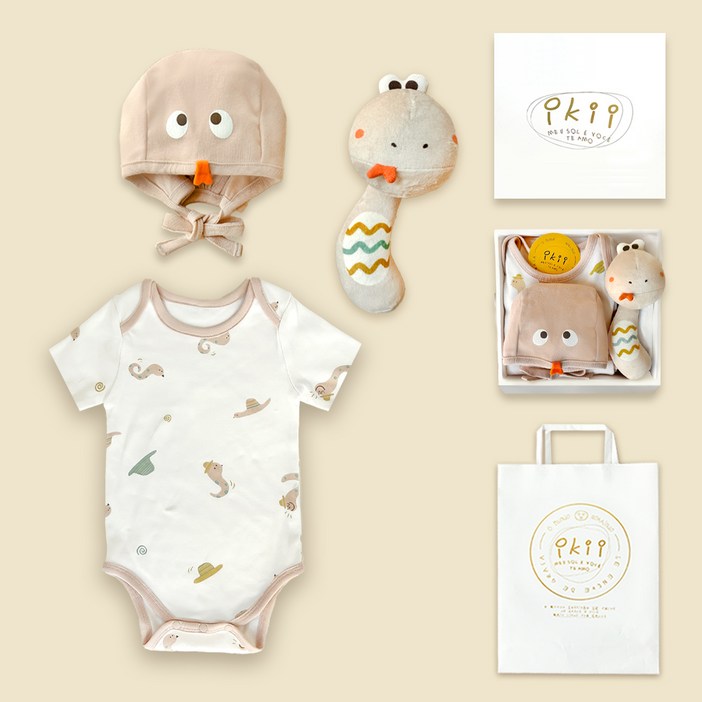 이키 유아용 애착인형 출산 반소매 바디슈트 3종 선물세트  쇼핑백