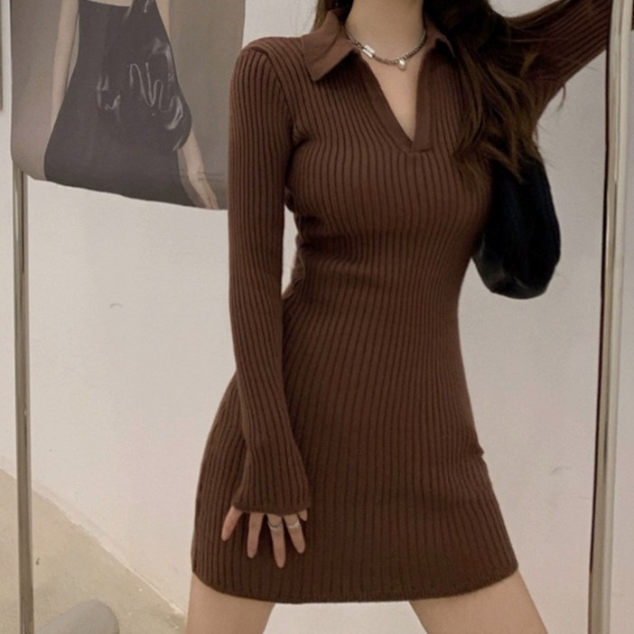 구디프 여성용 여신강림 브이넥 카라 H라인 골지 원피스
