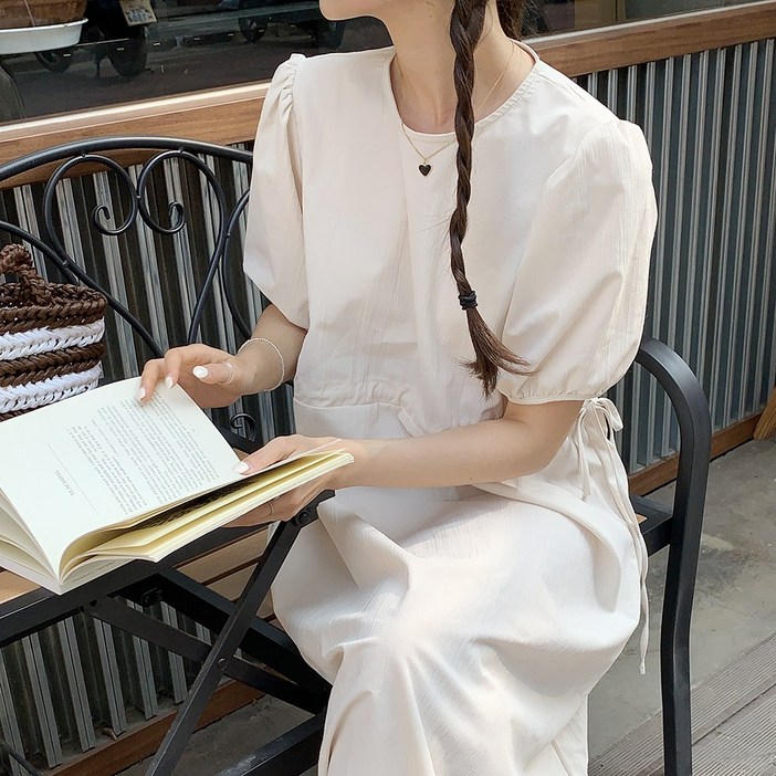 앤샵 [국내생산] 여성 여름 반팔 바스락 링클 퍼프 스트링 롱 원피스 (4color)