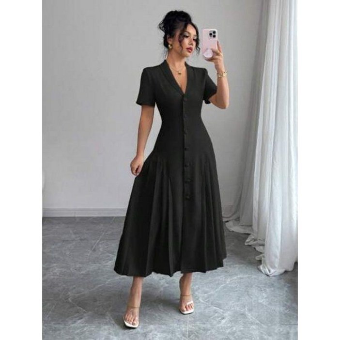 플레어 플리츠 반팔 정장 원피스 여름 롱 롱원피스 스커트 가을 V넥 빅사이즈
