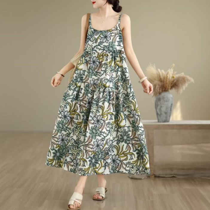 미시108 빅사이즈6688까지 플리츠50 날씬해 보이는 민소매 여성 여름 원피스 린넨 롱 플라워 루즈핏