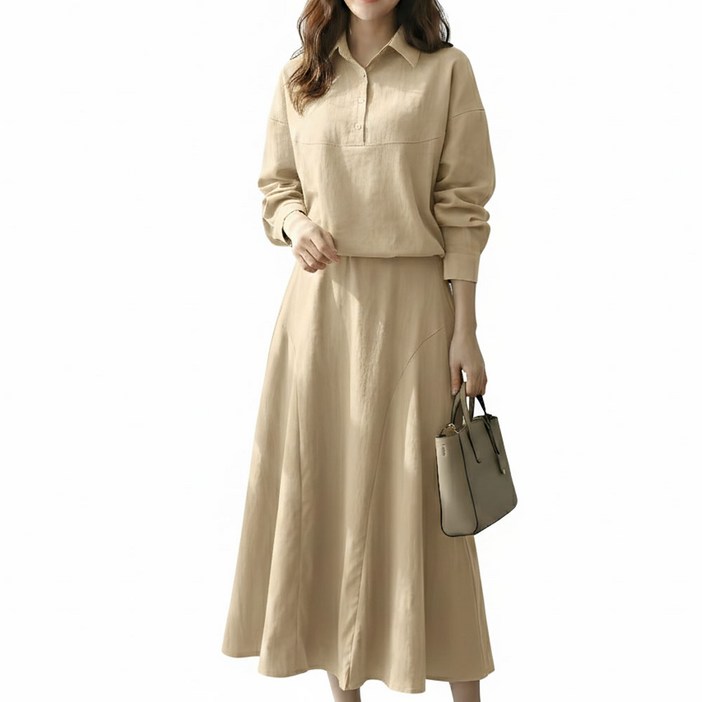 메리앤유 밑단 스트링 셔츠 남방과 플레어 스커트 셋업 세트