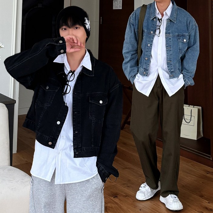 2컬러채드 남자 데일리 숏 크롭 데님 빈티지 청 블랙 자켓