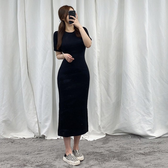 바나나2 라운드넥 슬림핏 옆트임 골지 반팔 롱원피스 3color