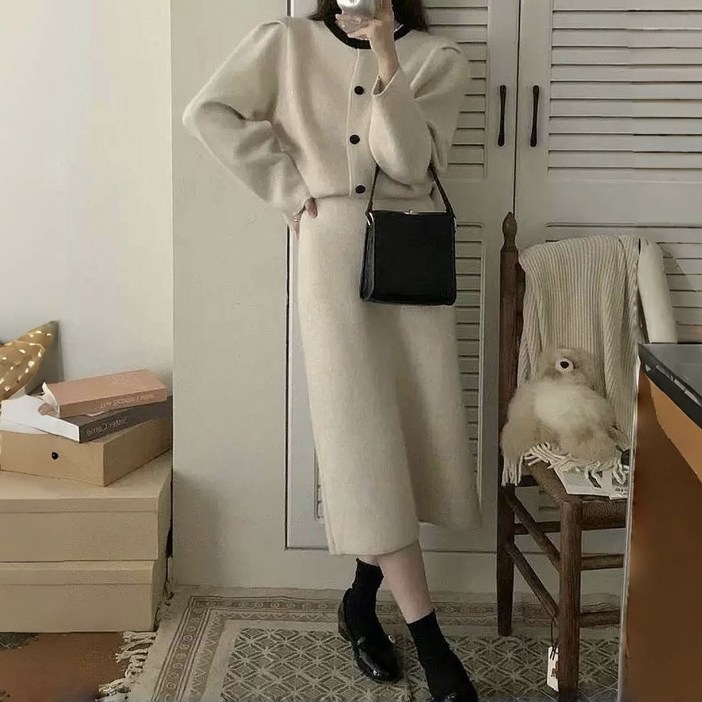 에쥬아 여성 겨울 니트 상하세트 오피스룩 하객룩 니트 롱스커트가디건 투피스셋업