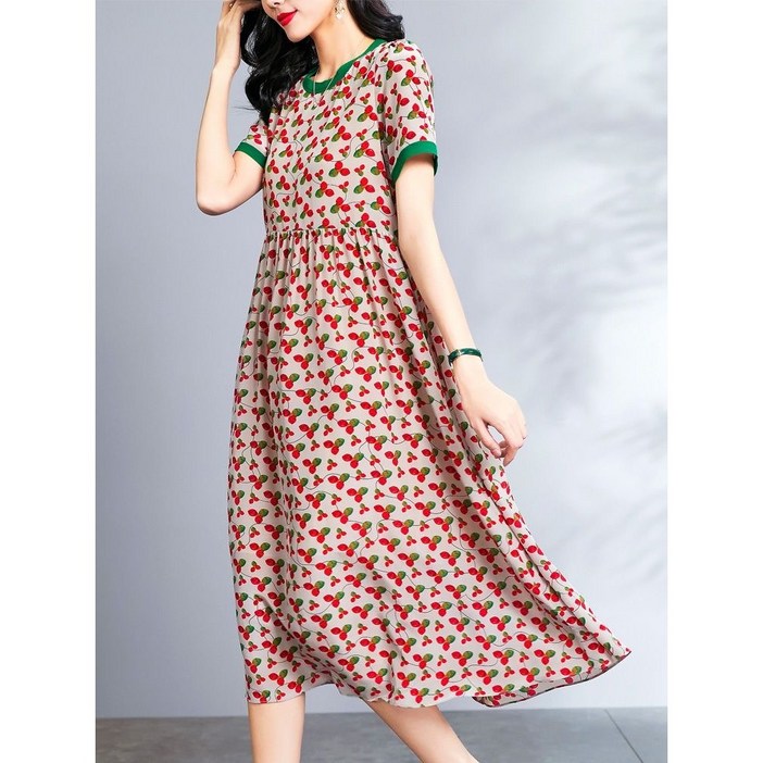 Choyur여성 봄여름 귀여운 프린트 라운드넥 반팔 A라인 원피스