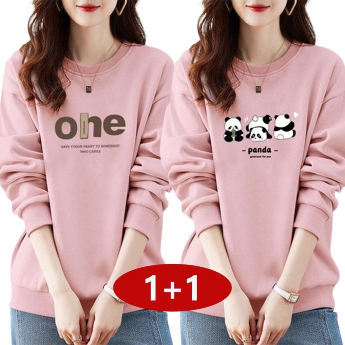 11 여성 봄가을 라운드 맨투맨 오버핏 면질 무지 프린트 여성티셔츠