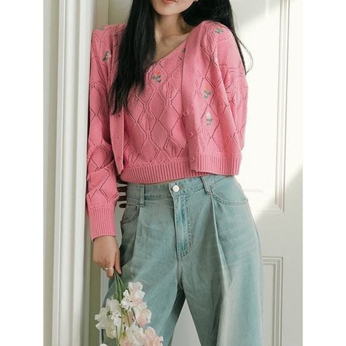 백화점 정품 써스데이아일랜드 플로럴 아가일 V넥 가디건 T234MCD242W P391021451