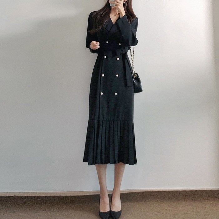 요시아나 당일발송 단아한 그랑시아 카라넥 진주 더블단추 플리츠 벨티드 롱원피스 2컬러