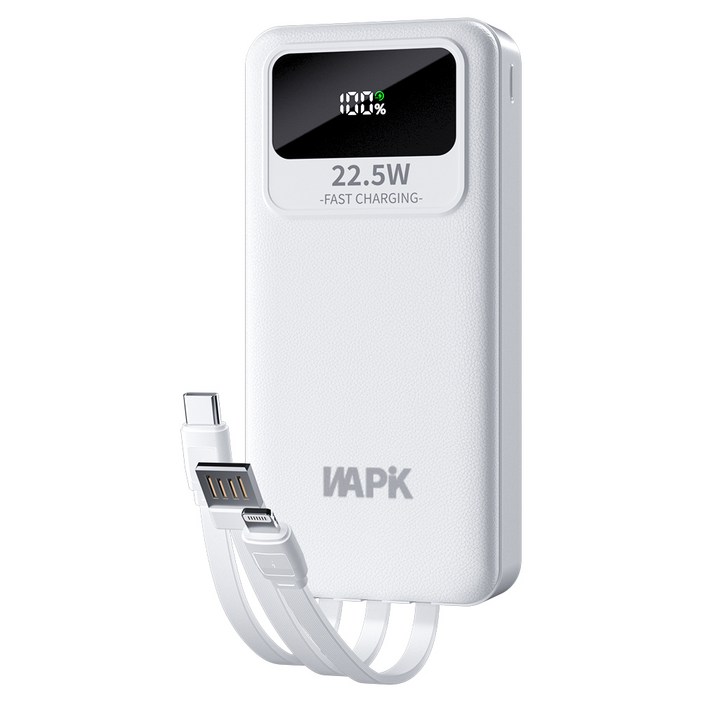 와피크 일체형 대용량 보조배터리 M1 20000mAh 고속충전 PD 22.5W QC 3.0 충전선 내장 기내반입 잔량표시, 화이트 와피크 일체형 대용량 보조배터리 M1 20000mAh 고속충전 PD 22.5W QC 3.0 충전선 내장 기내반입 잔량표시, 화이트