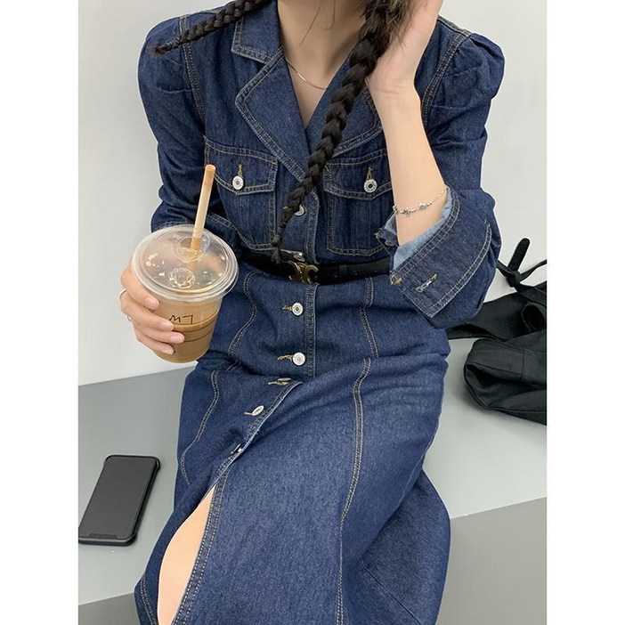 여성 데님 롱 원피스 긴팔 빈티지 심플 슬림핏 봄 여름 가을 여자 청 드레스 woman denim dress JX1839