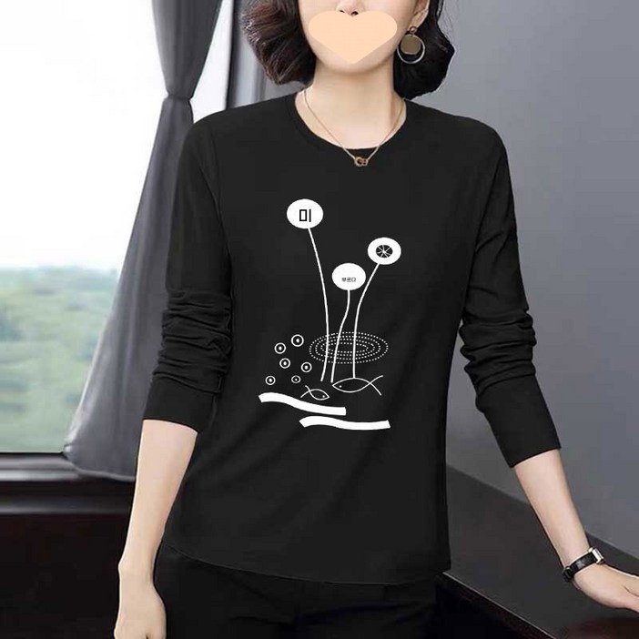 ANYOU 봄가을 여성 라운드 긴팔 프린트 티셔츠 데일리 베이직 루즈핏