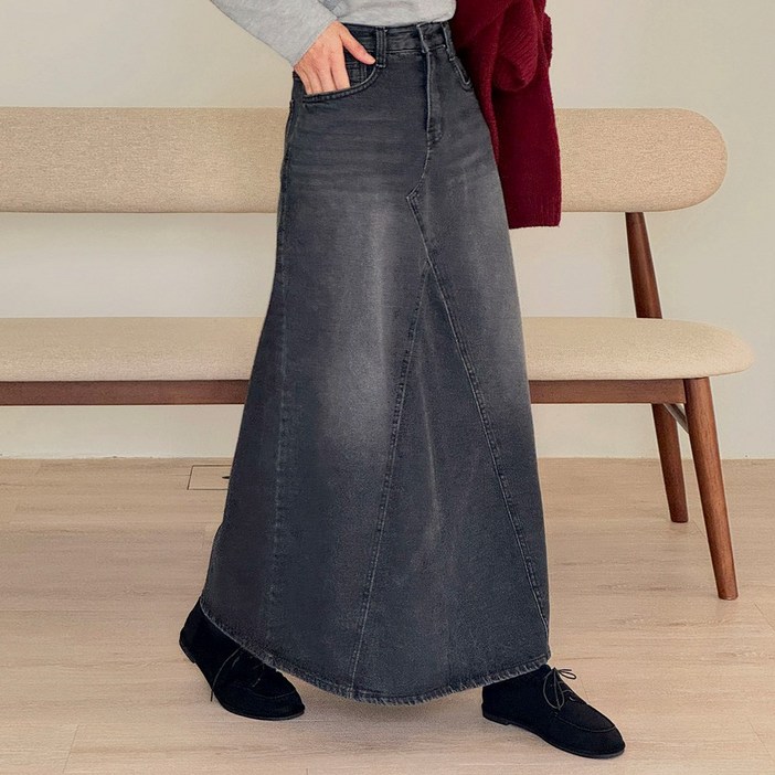 로로텐 워싱 데님 롱 스커트 A라인 여성 빅사이즈