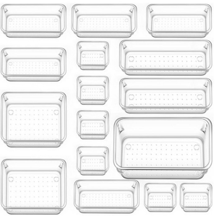 SAIVEINA 다용도 옷장 주방 사무실 화장품 욕실 책상 서랍 정리함 트레이 5가지 사이즈 아크릴 투명 보관 수납함 16피스