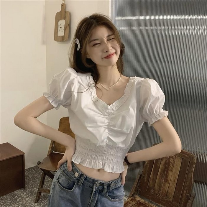 COSYEVNO 프랑스풍 v넥 짧은 셔츠 상의 벌룬 소매 프릴 크롭티