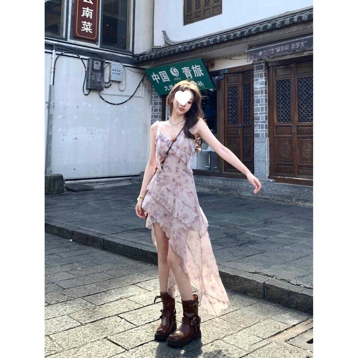 퍼플 언밸런스 프릴 롱스커트 허리끈 원피스 여 여름 신상 디자인 감각 나시 스커트 플라워 스커트