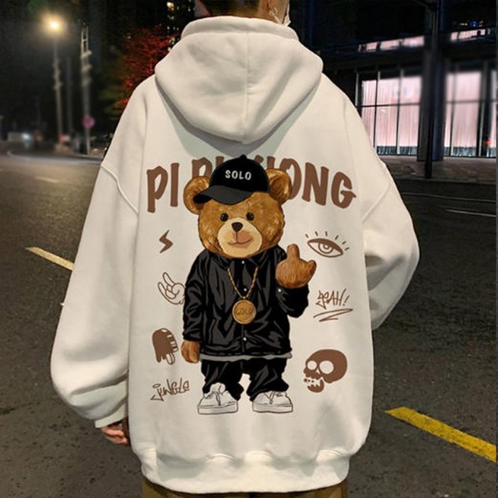 남녀공용 캐주얼 패턴 빅사이즈 후드 티셔츠 소프트 곰돌이 오버핏 후드티