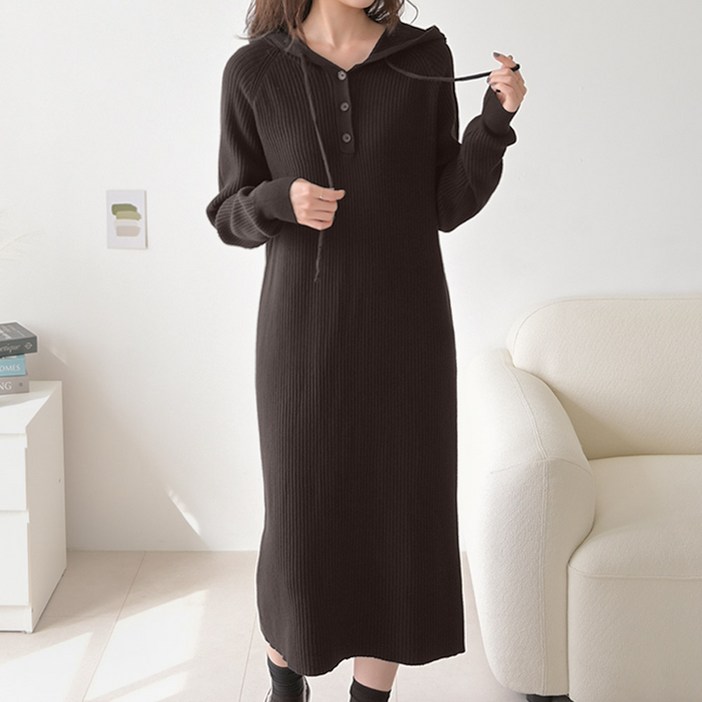 데일리앤 너프 골지 니트 헨리넥 버튼 롱 후드 H라인 꾸안꾸 캐주얼 원피스