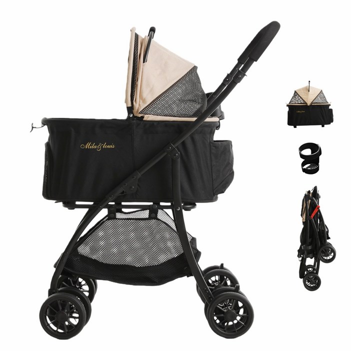 MILALOUIS 접이식 분리식 반려동물 유모차 강아지 유모차 고양이유모차 개모차 일체형 뉴바론 개모차 원터치 퀵폴딩 개모차, 베이지, 1개