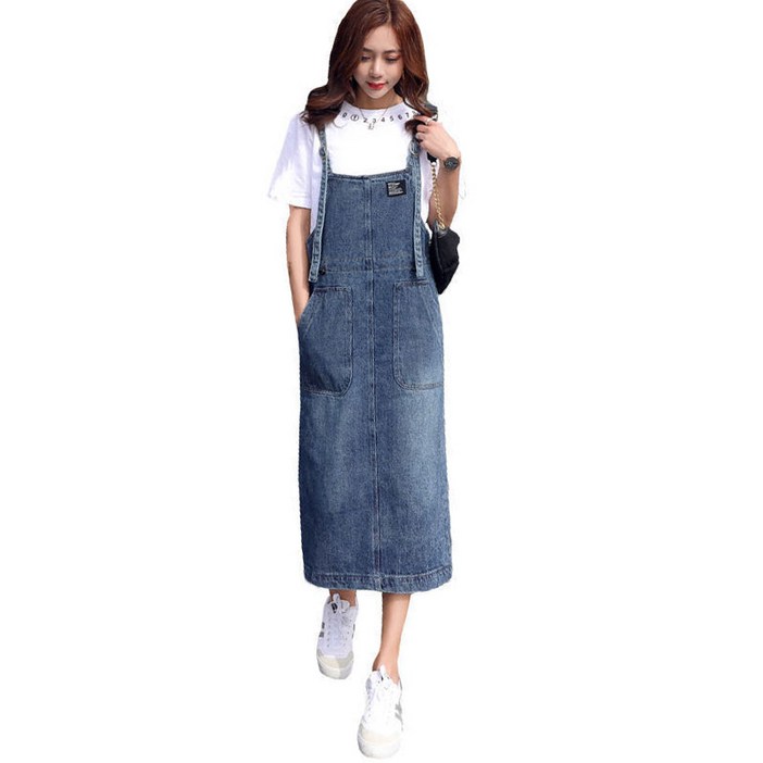 여성용 데님 멜빵 롱원피스 튜닉 빅 포켓 원피스 뉴타임즈 O088Y257