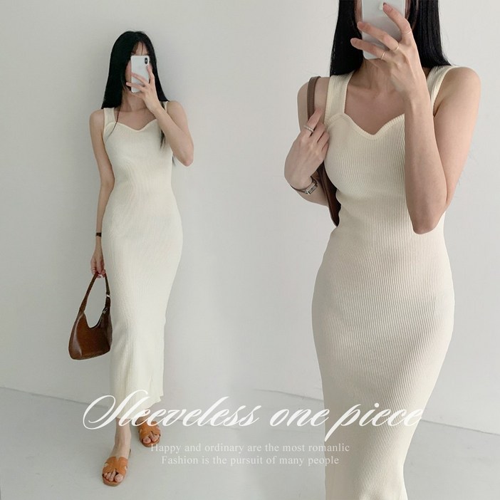 [순이] S.여성 슬림라인 하트넥 골지 나시 롱원피스