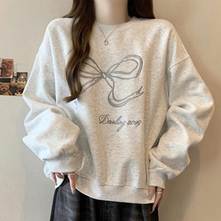 모던허니  레터링 리본 맨투맨 티셔츠 루즈핏 라운드캐주얼티셔츠