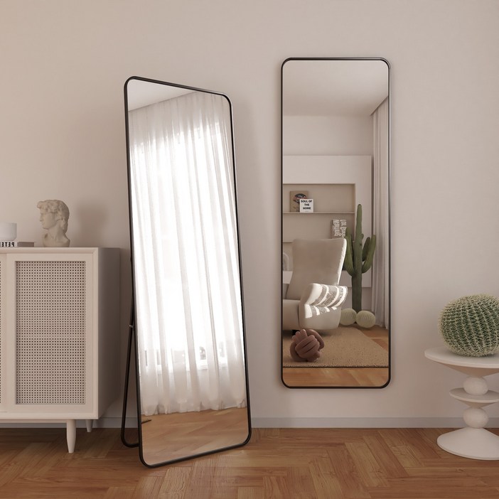 뷰티피크 3in1 스탠드 벽걸이 거치형 강화 안전 유리 전신거울 라운드형, 블랙