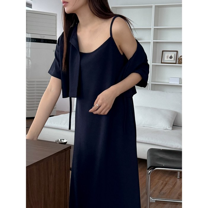 [럽즈올] [국내제작] 빅사이즈 여름용 임산부 임부복 하객룩 반팔 리본 가디건 나시 롱원피스 세트 투피스