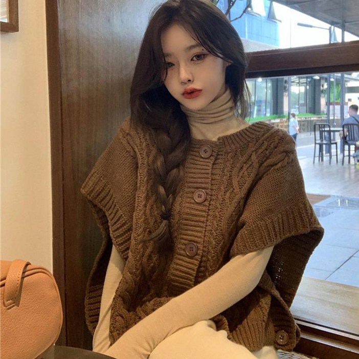 가을 겨울 여성 반팔 니트티 캐주얼 니트 간절기 여성용 여유로운 스타일 포근한 버튼 카디건 LCL