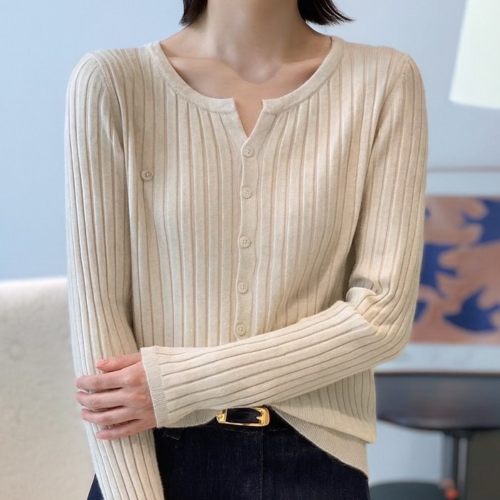 에이플심플 여성 데일리 트임넥 골지 가디건