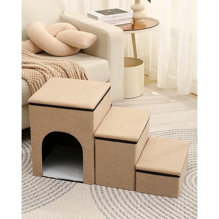 FONOW 강아지계단 고양이계단 강아지높은계단 고양이숨숨집 접어서 이동 가능 3단이동식계단사다리 죽부인, 베이지, 1개