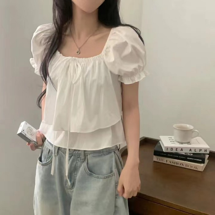 쪼예 오프숄더 투웨이 밴딩 퍼프 캉캉 프릴 반팔 블라우스