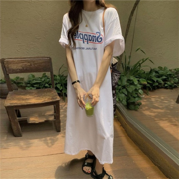 호미존 여성 반팔 티셔츠 원피스 100 순면 여름 일상 루즈핏 롱 원피스 빅사이즈