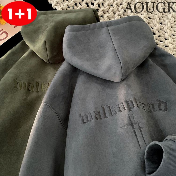 AOUGK 1+1 남성 스웨이드 후드 맨투맨 빅사이즈 롱 후드티 오버핏 긴팔 티셔츠 자수 코트 데일리