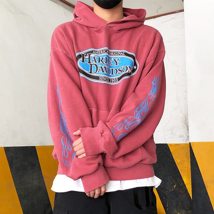 할리데이비슨 아메리칸 할리 빈티지 피그먼트다잉 레터링 오버핏 후드티셔츠 남자 빅사이즈