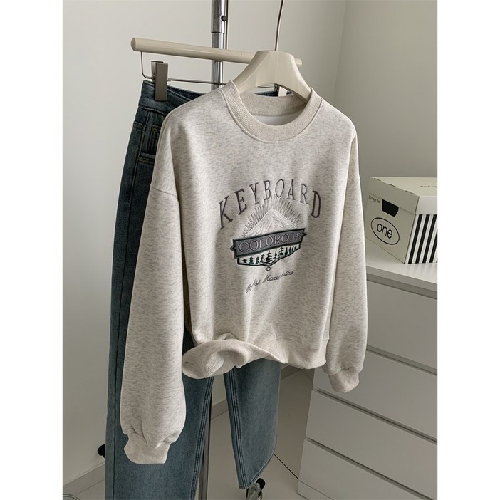 POMTOR 여성 자수 라운드 긴팔 맨투맨 데일리 캐주얼 면 심플 후드티 상의